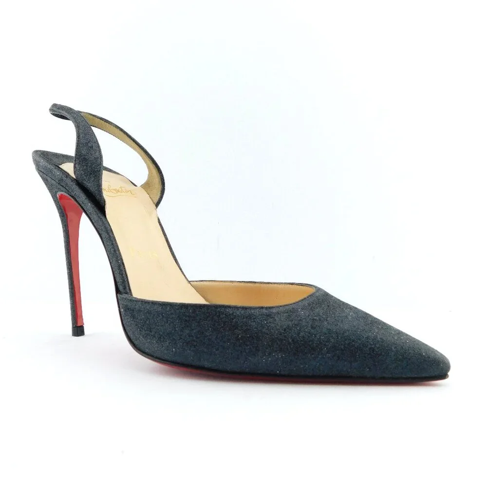 CHRISTIAN LOUBOUTIN Black Sparkle Shimmer Glitter Sling Heel Pumps 38